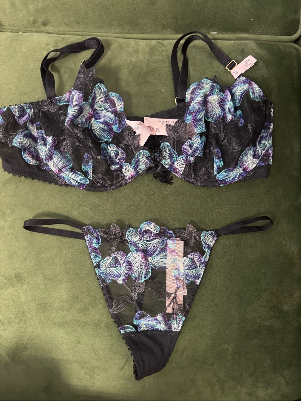 Victoria's Secret Black Bra with Blue, Teal & Purple Lace v string